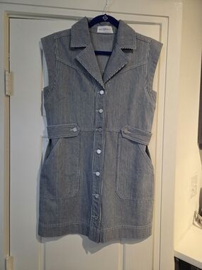 Self Contrast Sleeveless Blue And White Striped Button-Front Mini Dress